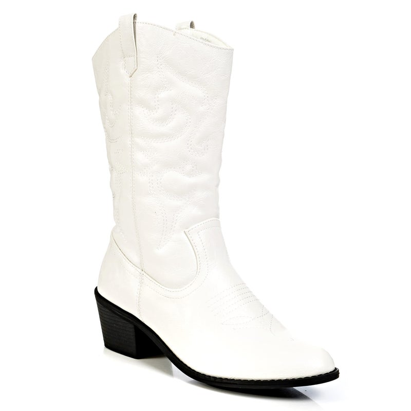 Charles Albert Womens Cowboy Boots for Women Embroidered Stacked Heel Mid-Calf Western Cowgirl Boots in White Size 6 - Image 1